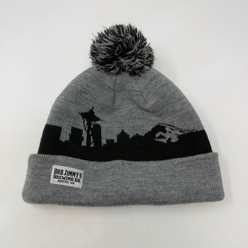Bad Jimmy's Brewing Co Seattle Skyline Pom Beanie Grey Black Knit Hat PNW